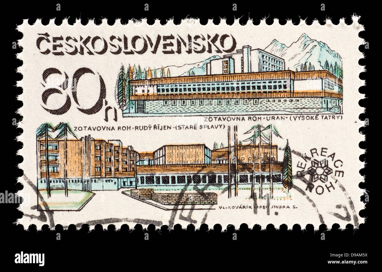 Postage stamp from Czechoslovakia depicting Uran an Red October hotels. Stock Photo