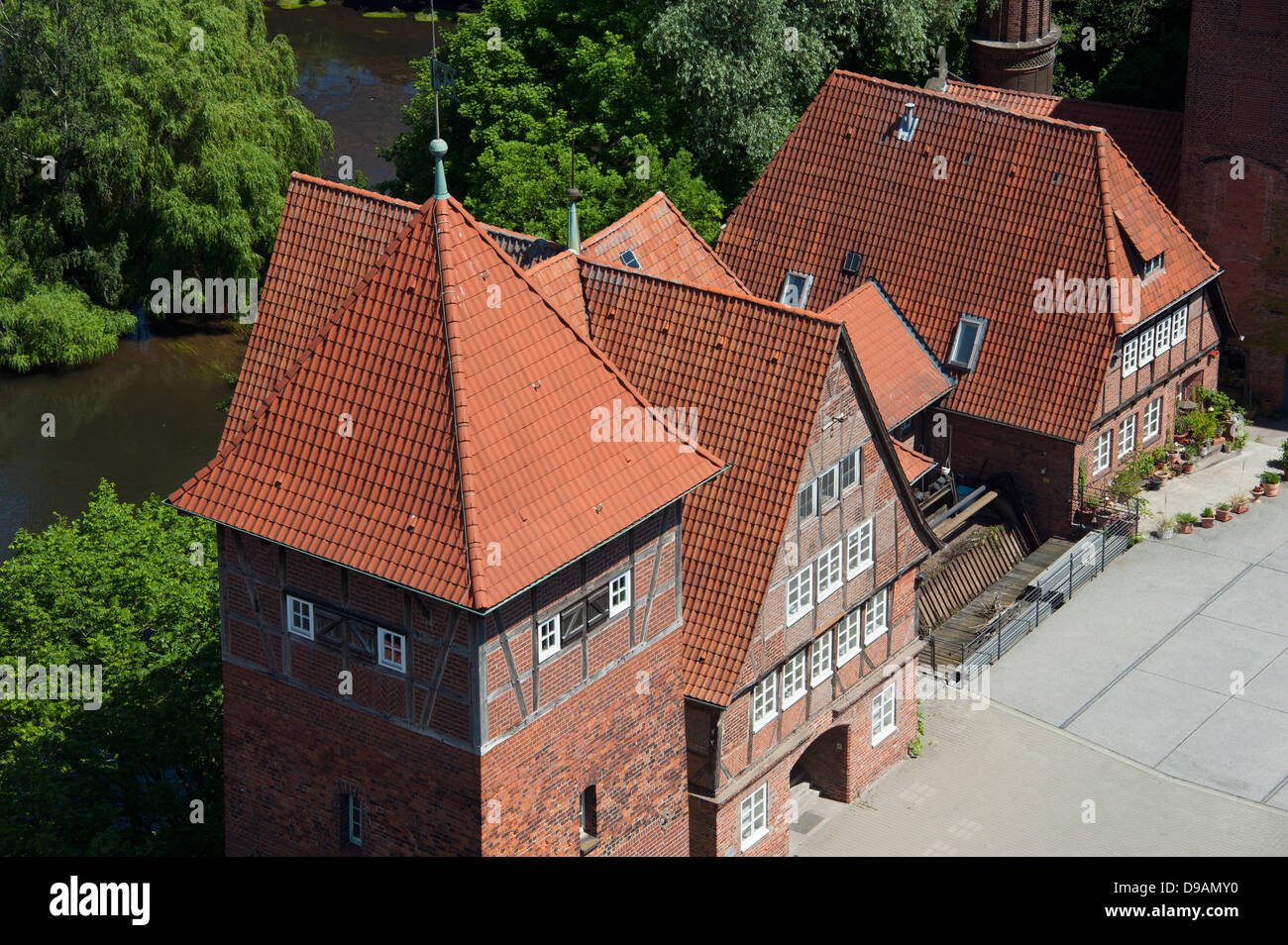 Mill, View from Water tower, Luneburg, Lower Saxony, Germany, Lueneburg, Watermill , Ratsmuehle, Blick vom Wasserturm, Lueneburg Stock Photo