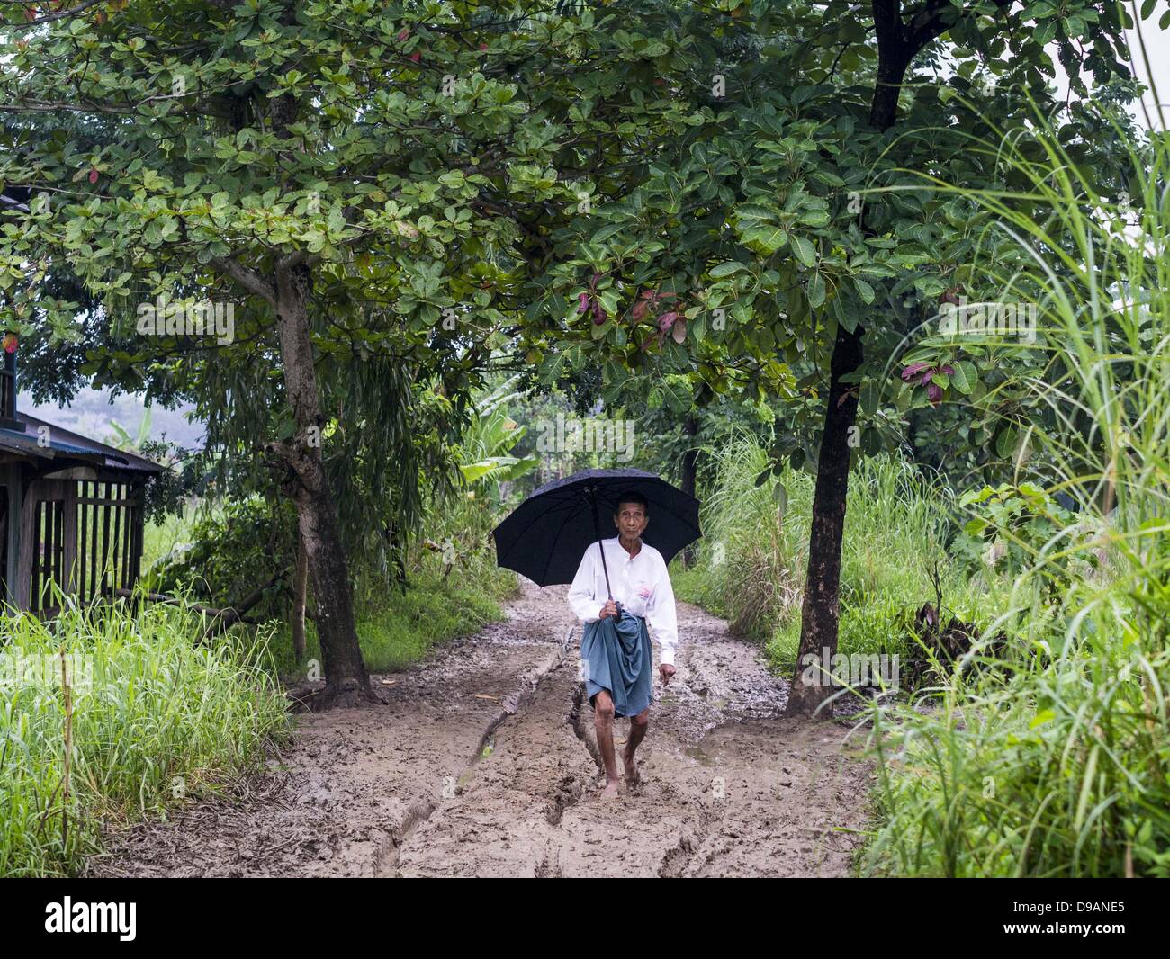 June 14, 2013 - Samalauk, Ayeyarwady, Union of Myanmar - A man walks up a muddy road in the rain to Highway 5 in Samalauk, Ayeyarwady, in the Irrawaddy delta region of Myanmar. This region of Myanmar was devastated by cyclone Nargis in 2008 but daily life has resumed and it is now a leading rice producing region. (Credit Image: © Jack Kurtz/ZUMAPRESS.com) Stock Photo