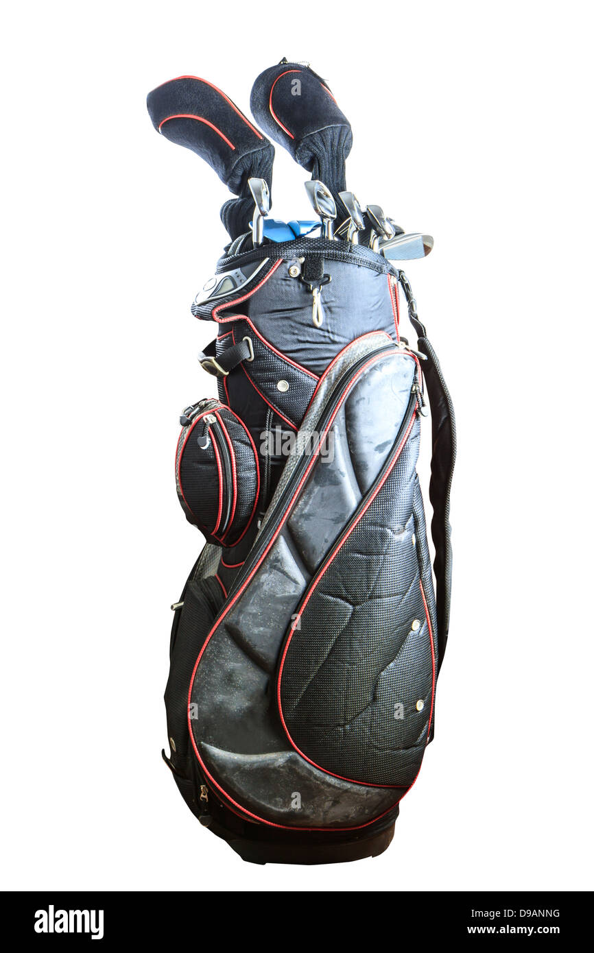 Red and black colors old golf clubs bag isolate Stock Photo Alamy