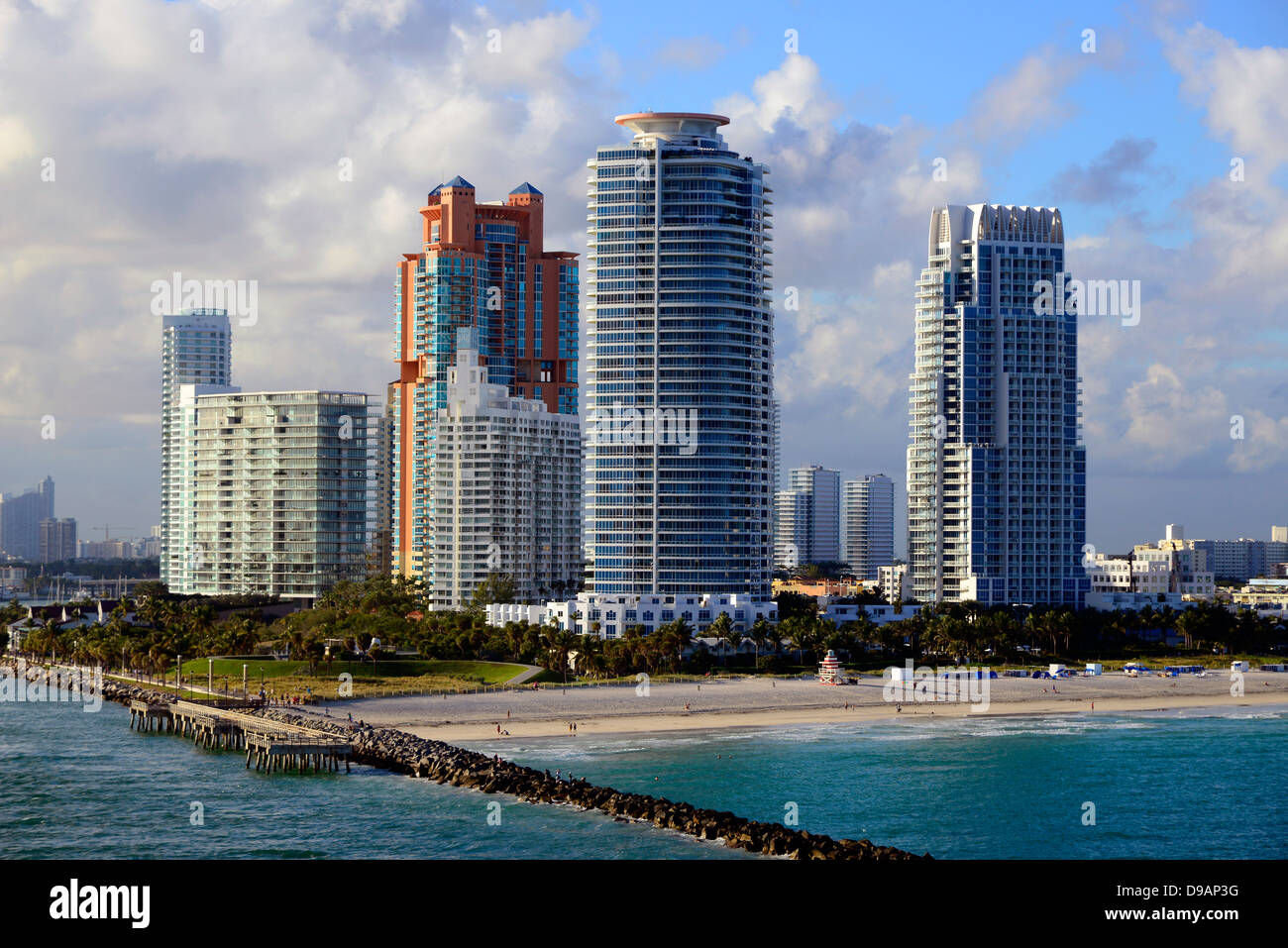 Miami Skyline from departing cruise ship Florida FL US Stock Photo