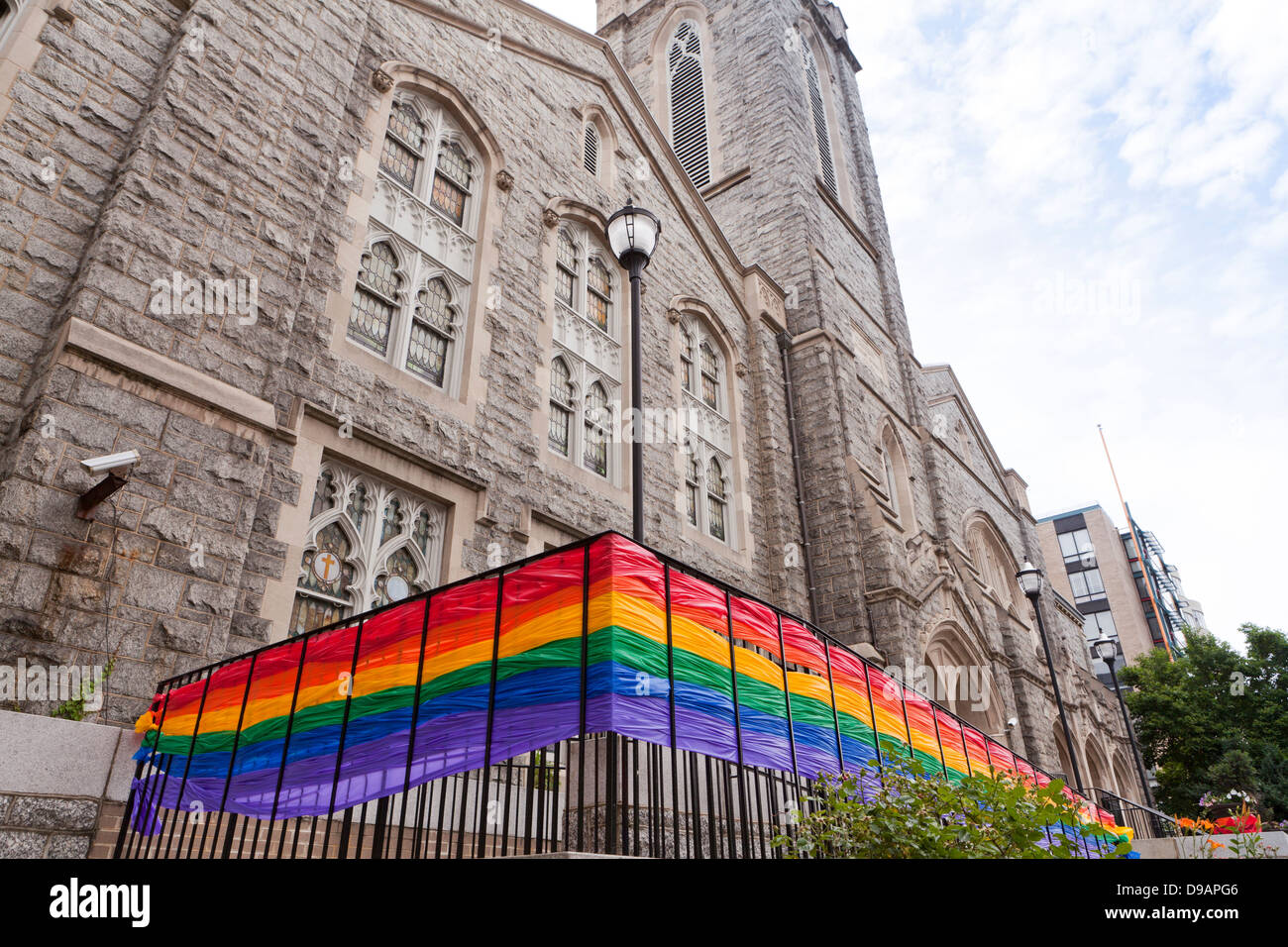 Rainbow banner on Foundry United Methodist Church entrance - Washington, DC USA Stock Photo