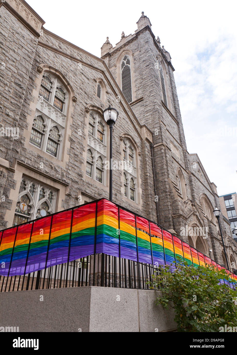 Rainbow banner on Foundry United Methodist Church entrance - Washington, DC USA Stock Photo