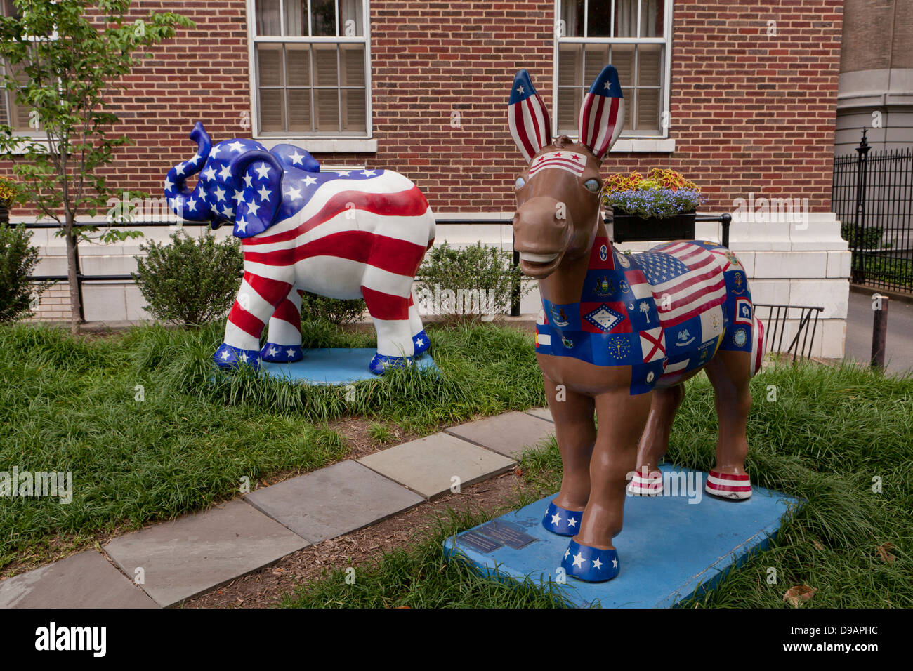 US political party mascots, donkey and elephant, painted in red, white, and blue Stock Photo