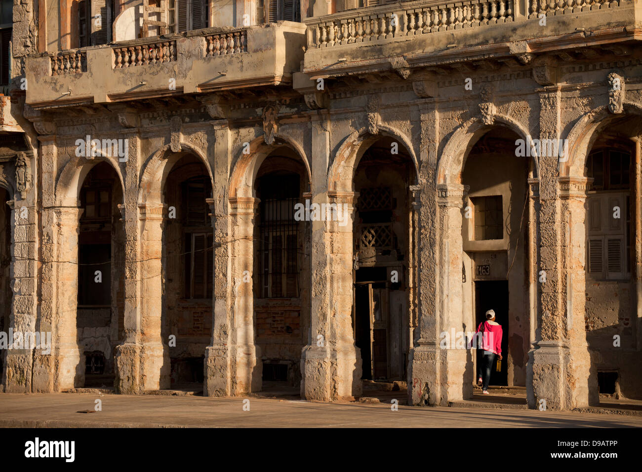 dilapidated facades and columns of Malecon in Havana, Cuba, Caribbean Stock Photo