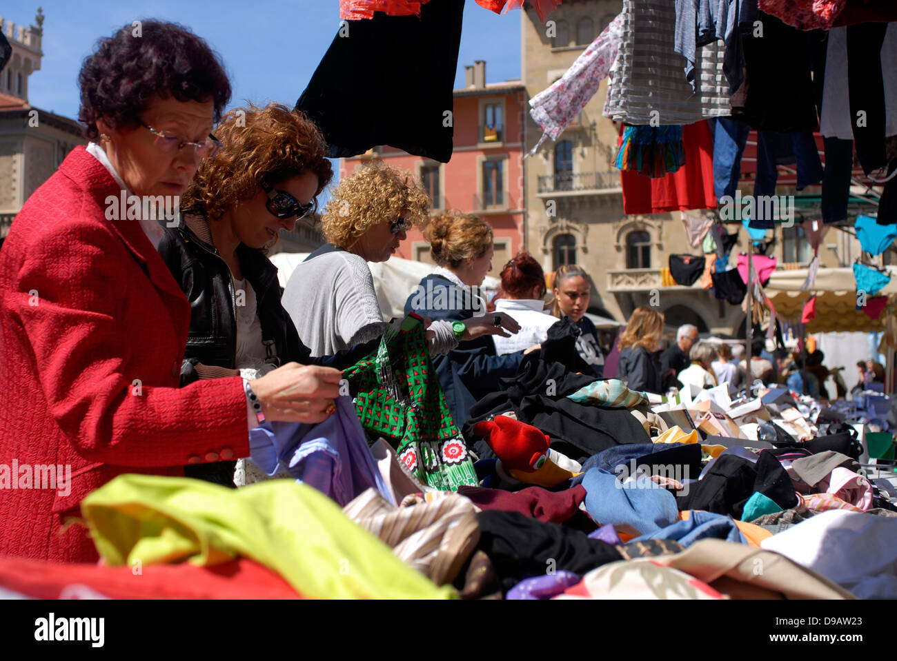 Women, Clothes Shop,  Market, Saturday,  Mercadal, Plaza Mayor, Main, Square, Vic, Osona, Barcelona, España, Spain, Europe Stock Photo