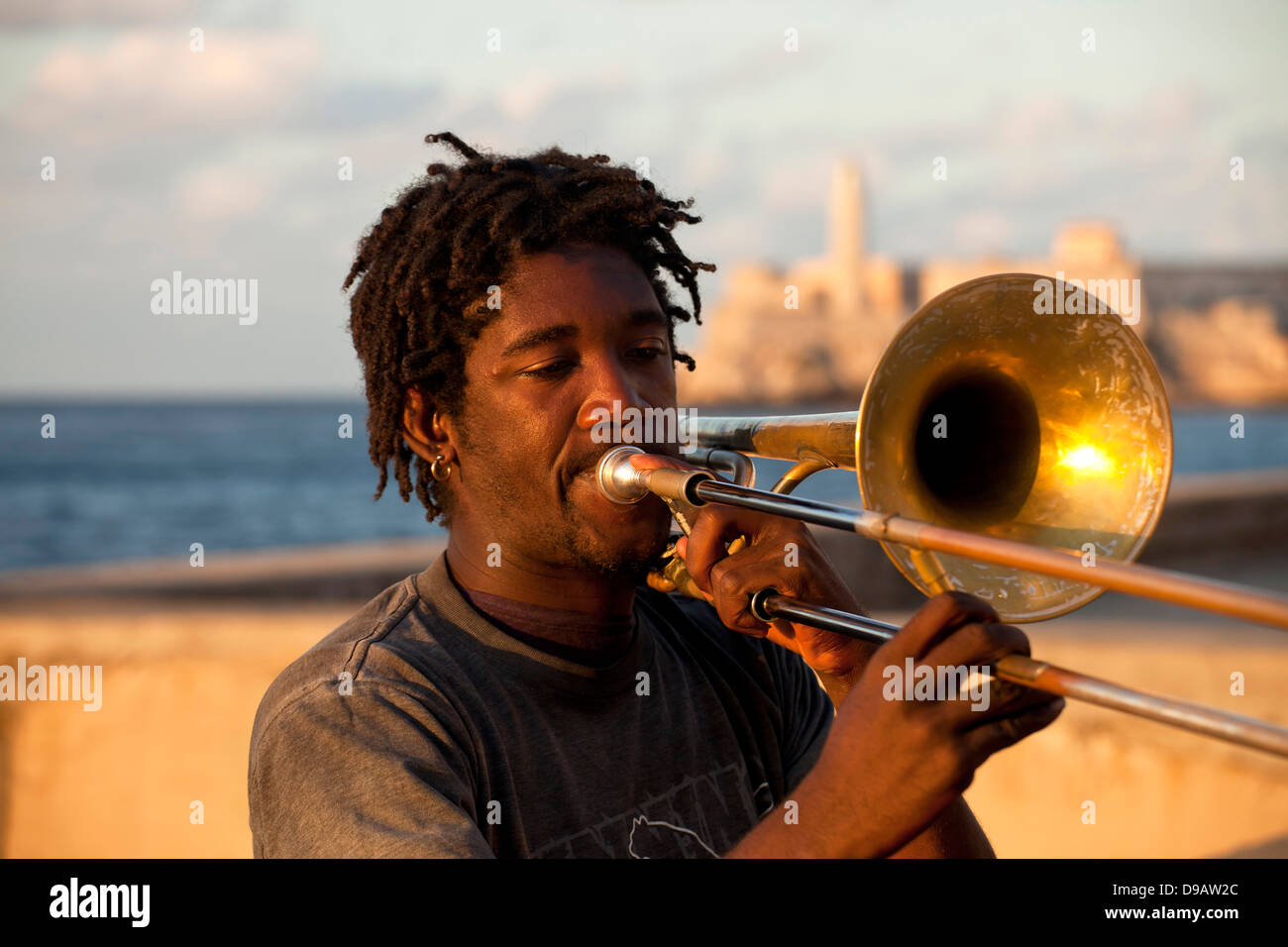 musician with trombone on Malecon, Havana, Cuba, Caribbean Stock Photo