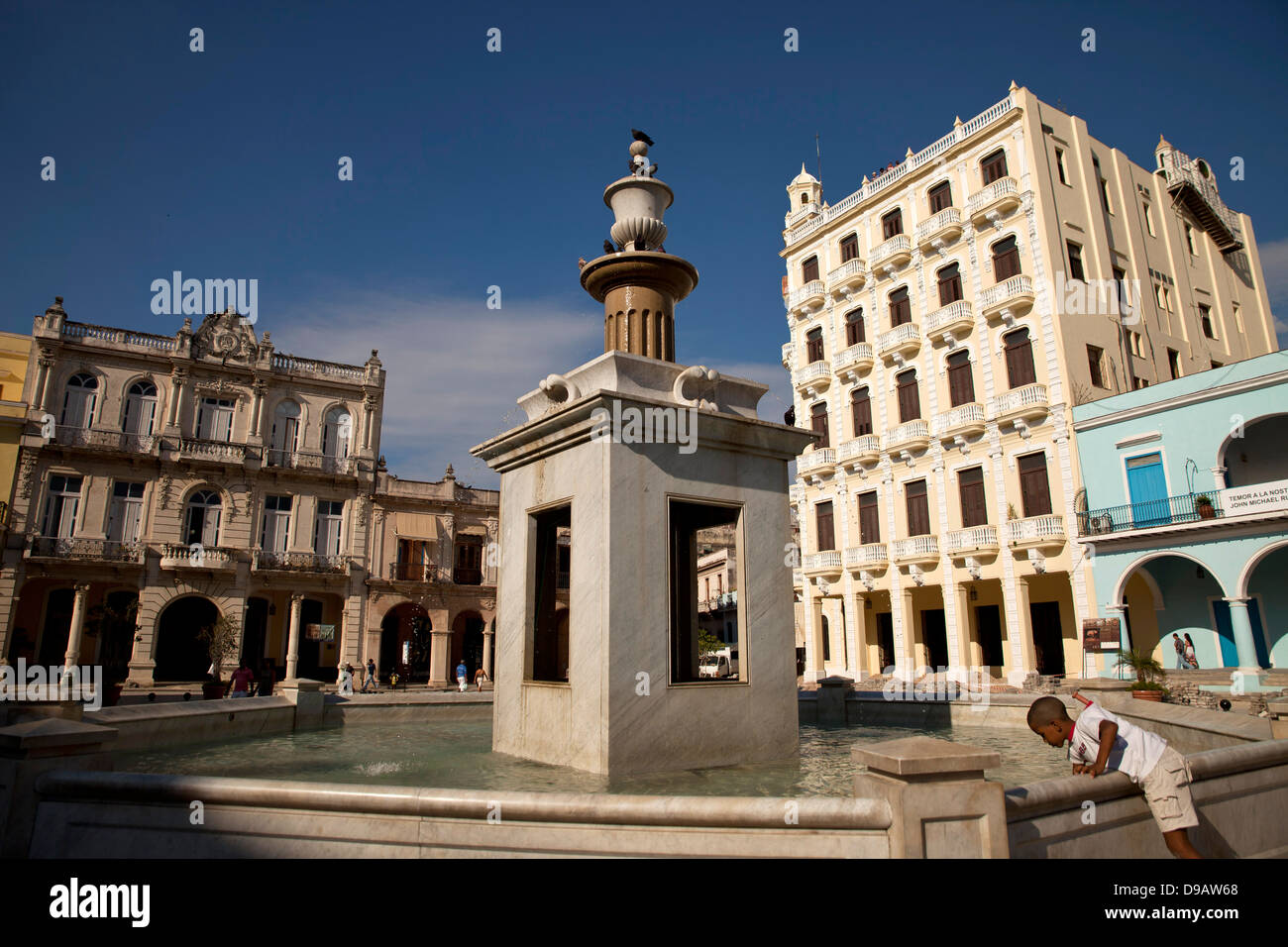 fountain at the old town square Plaza Vieja in Havana, Cuba, Caribbean Stock Photo