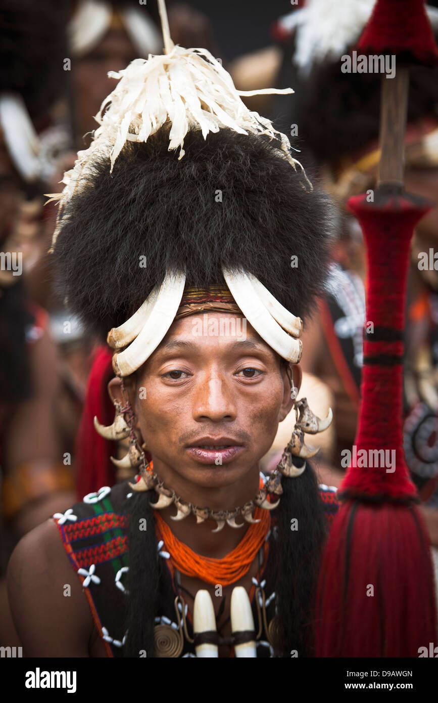 Naga tribal warrior in traditional outfit, Hornbill Festival, Kohima ...