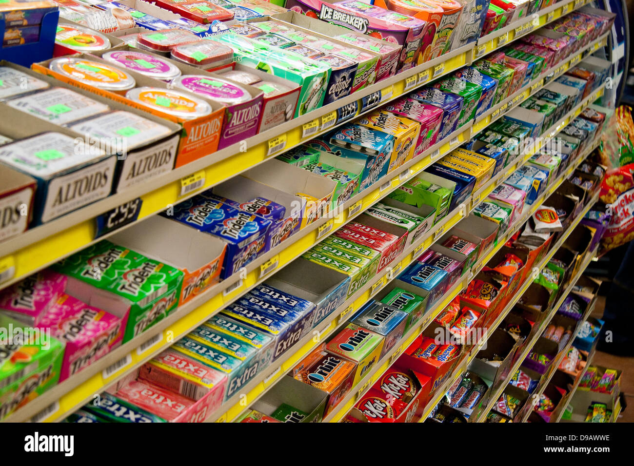 Convenient mart shelves full of candy and gum Stock Photo