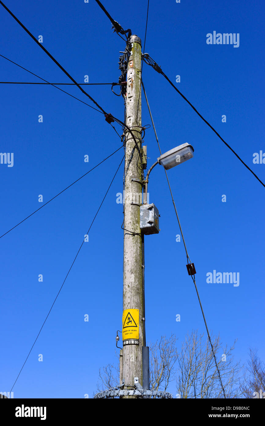Wooden pole with cables and lamp. Kirkbride, Cumbria, England, United Kingdom, Europe. Stock Photo