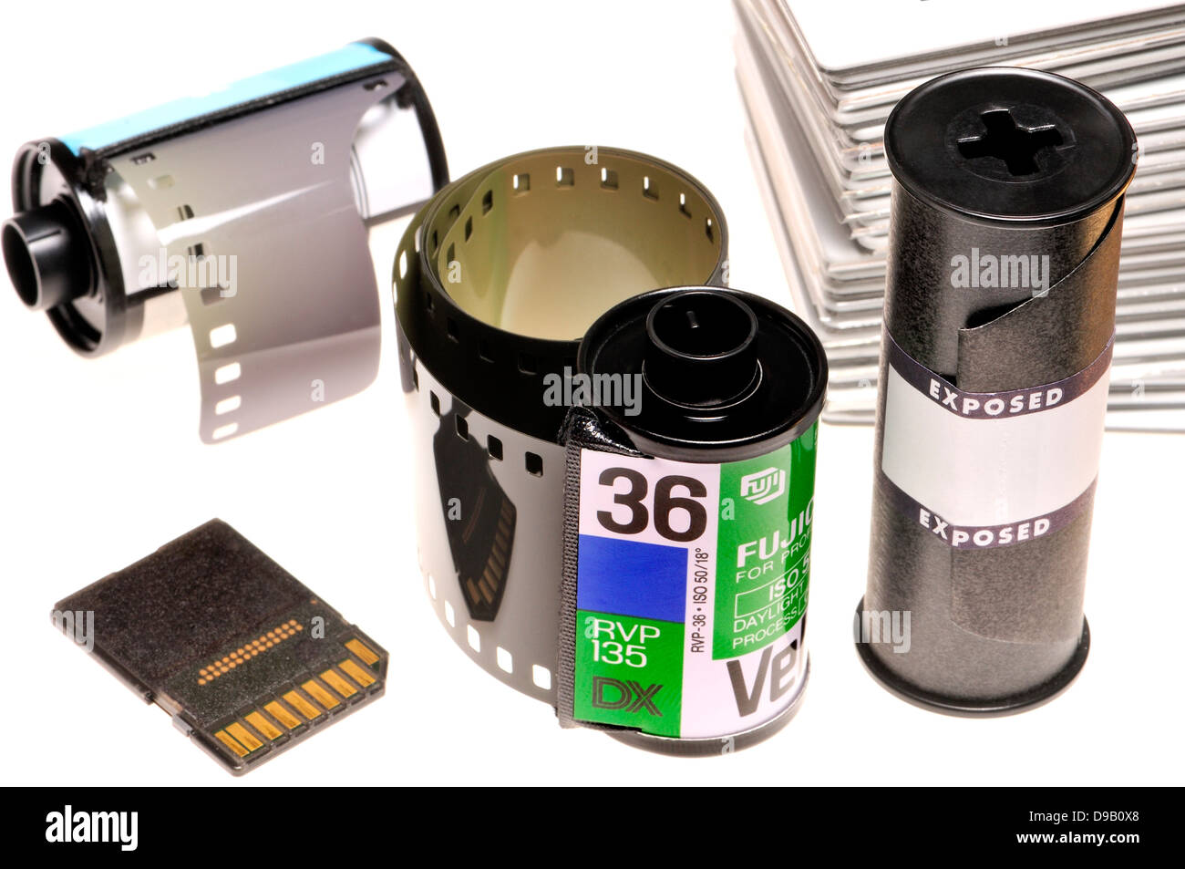 Photographic film, mounted slides and a modern memory card Stock Photo