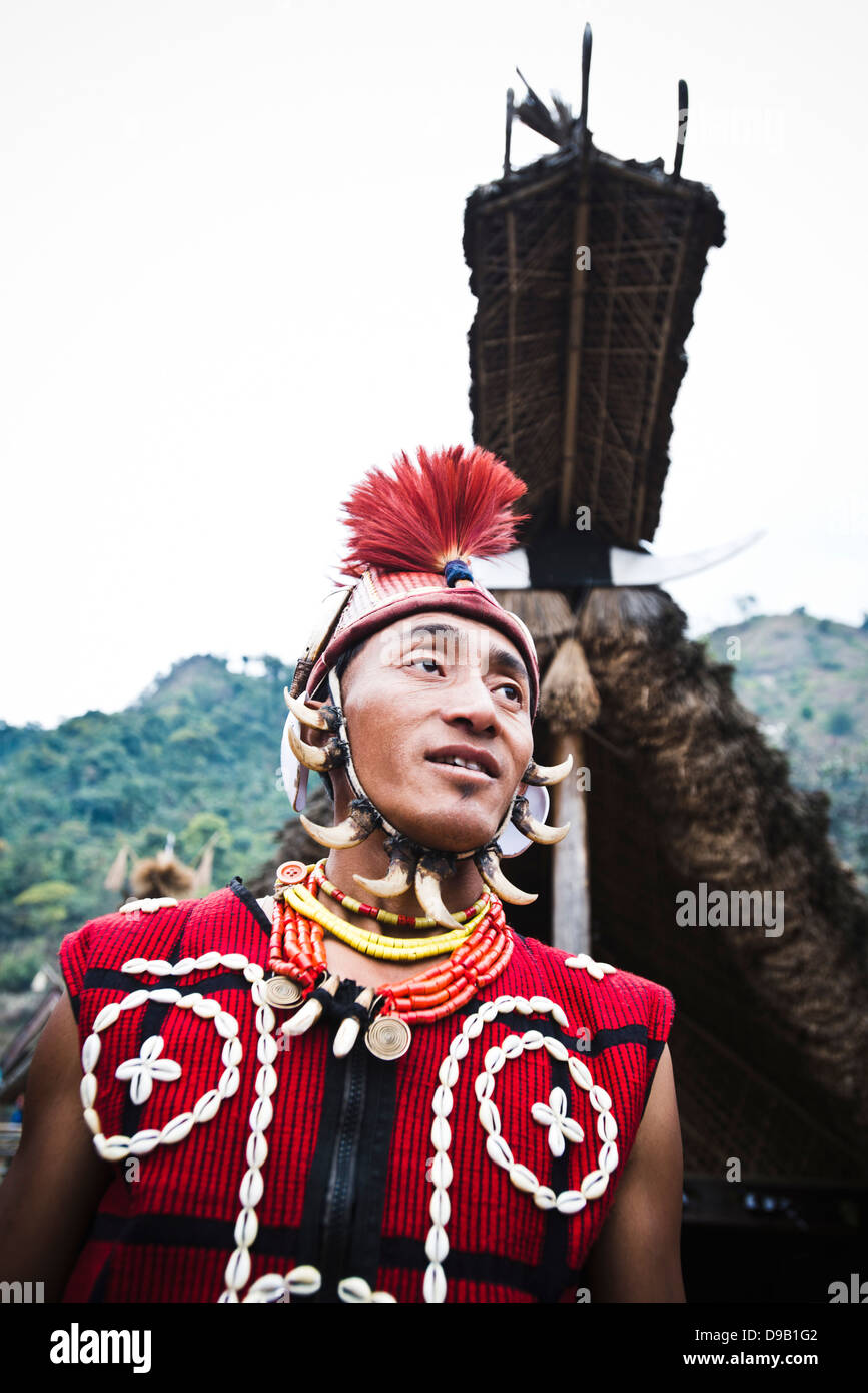 Naga tribal warrior in traditional outfit, Hornbill Festival, Kohima ...