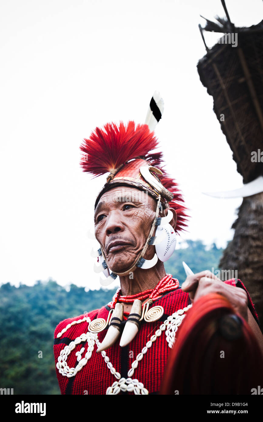 Naga tribal warrior in traditional outfit, Hornbill Festival, Kohima ...