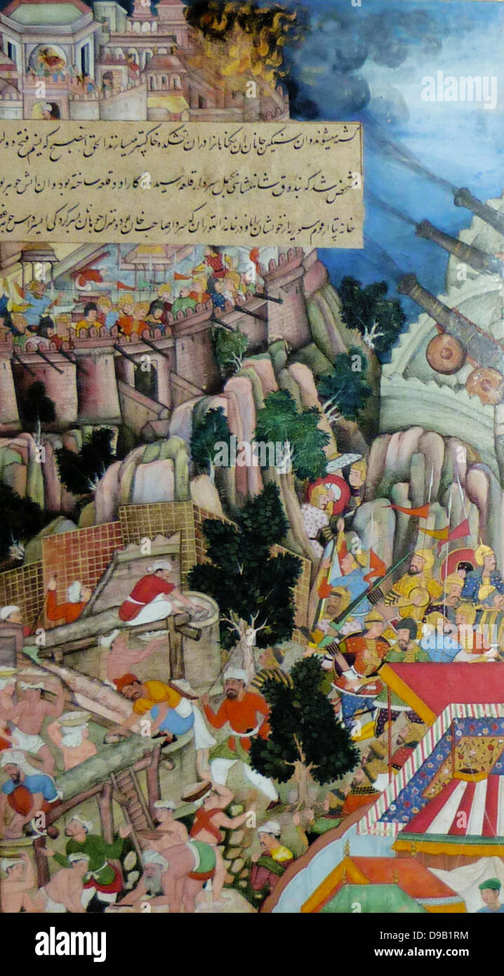 The Siege of Chitor (right side) from the Akbarnama (book of Akbar). Composition by Miskina, painting by Sarwan.  Opaque watercolour and gold on paper Mughal c 1590-5.  The Mughal attack on the seemingly impregnable Hindu fortress of the king Chitor in Rajasthan took place in 1567-8. Stock Photo