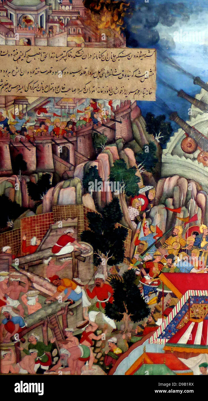 The Siege of Chitor (right side) from the Akbarnama (book of Akbar). Composition by Miskina, painting by Sarwan.  Opaque watercolour and gold on paper Mughal c 1590-5.  The Mughal attack on the seemingly impregnable Hindu fortress of the king Chitor in Rajasthan took place in 1567-8. Stock Photo