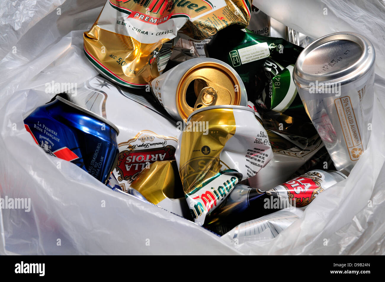 Beer cans in plastic bag to be recycled Stock Photo