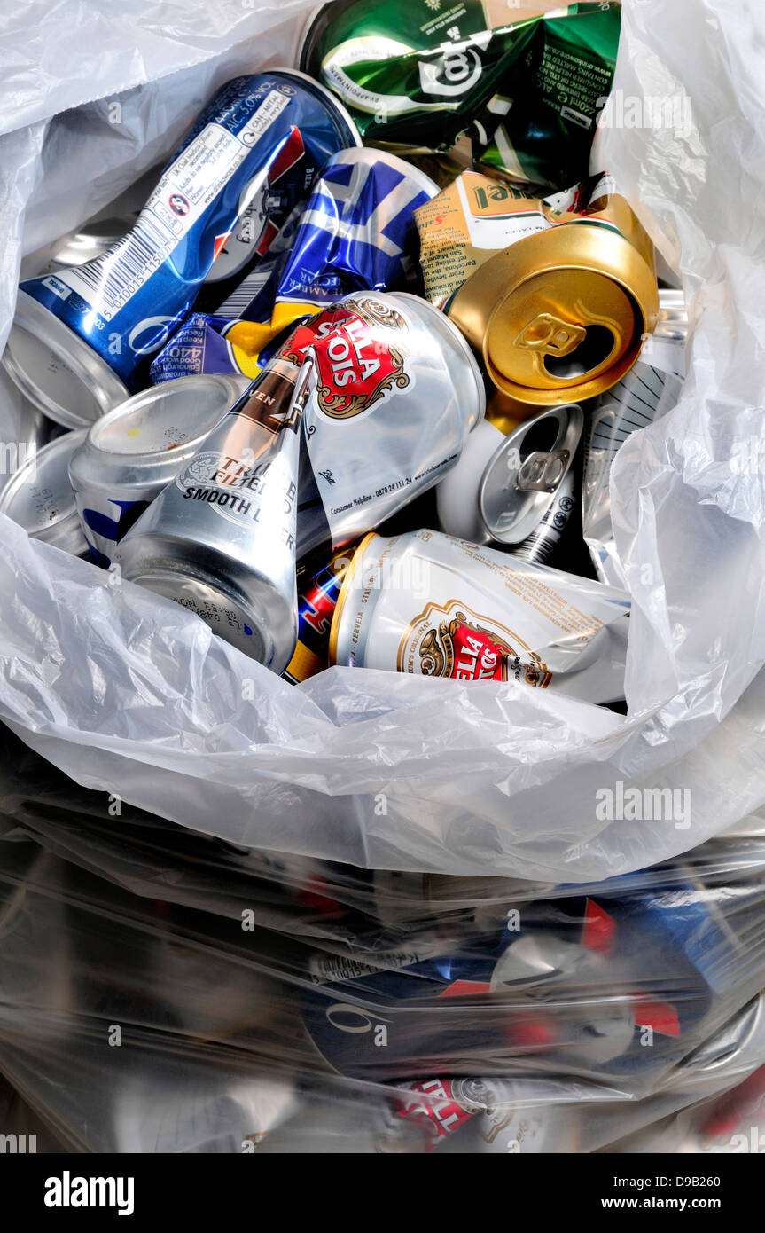 Beer cans in plastic bag to be recycled Stock Photo
