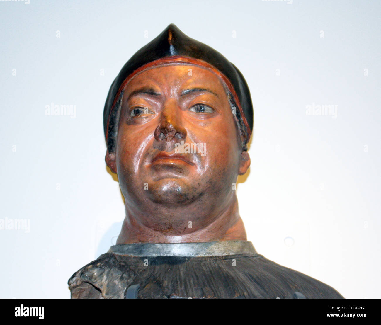 Cardinal Giovanni De' Medici (circa 1512) became Pope Leo X in 1513, is shown here while still a cardinal.  Made from a life cast of Giovanni's face, the bust in naturalistically painted, including his stubble.  Italy, Florence, Terracotta, painted. Stock Photo