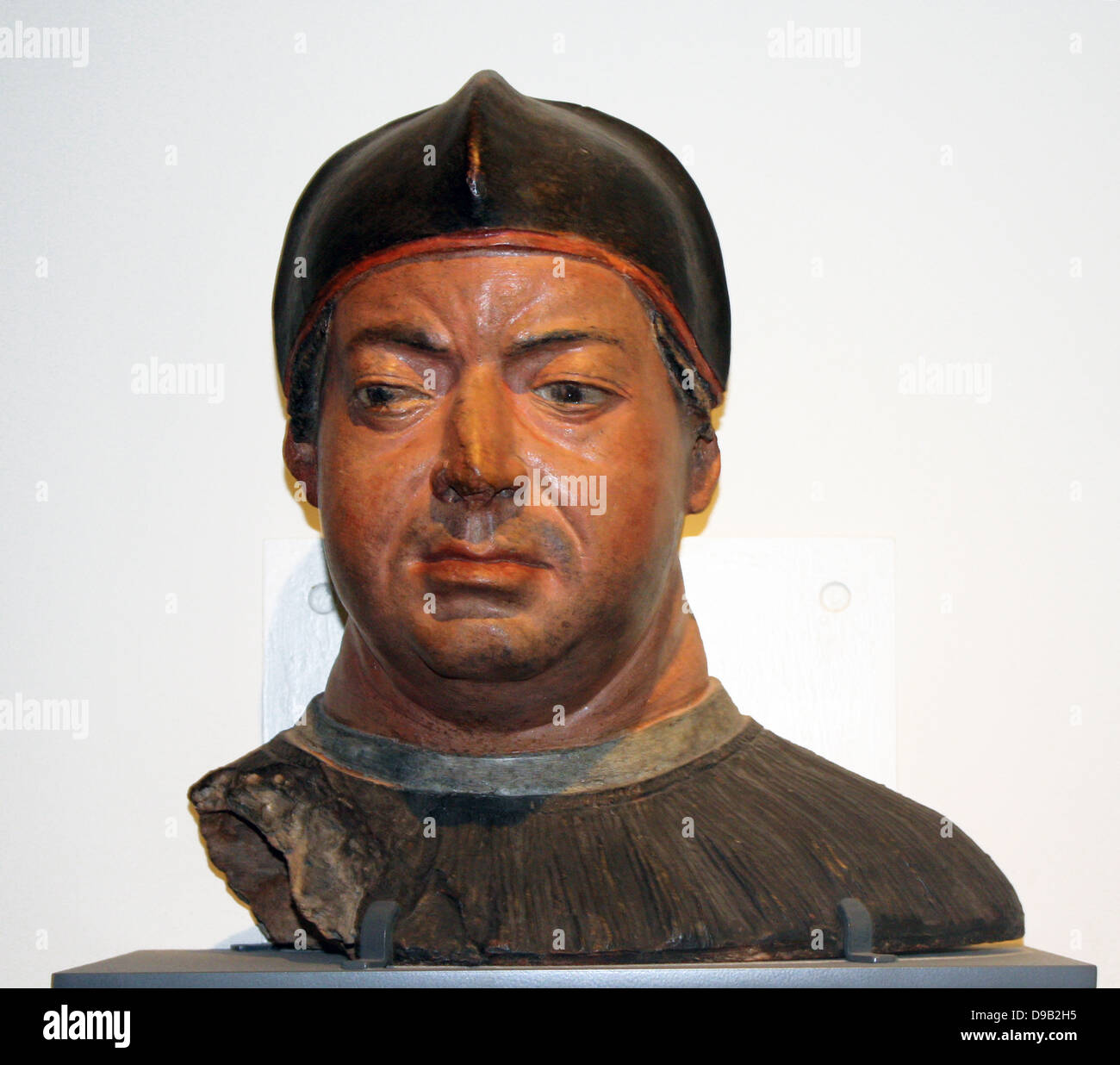 Cardinal Giovanni De' Medici (circa 1512) became Pope Leo X in 1513, is shown here while still a cardinal.  Made from a life cast of Giovanni's face, the bust in naturalistically painted, including his stubble.  Italy, Florence, Terracotta, painted. Stock Photo