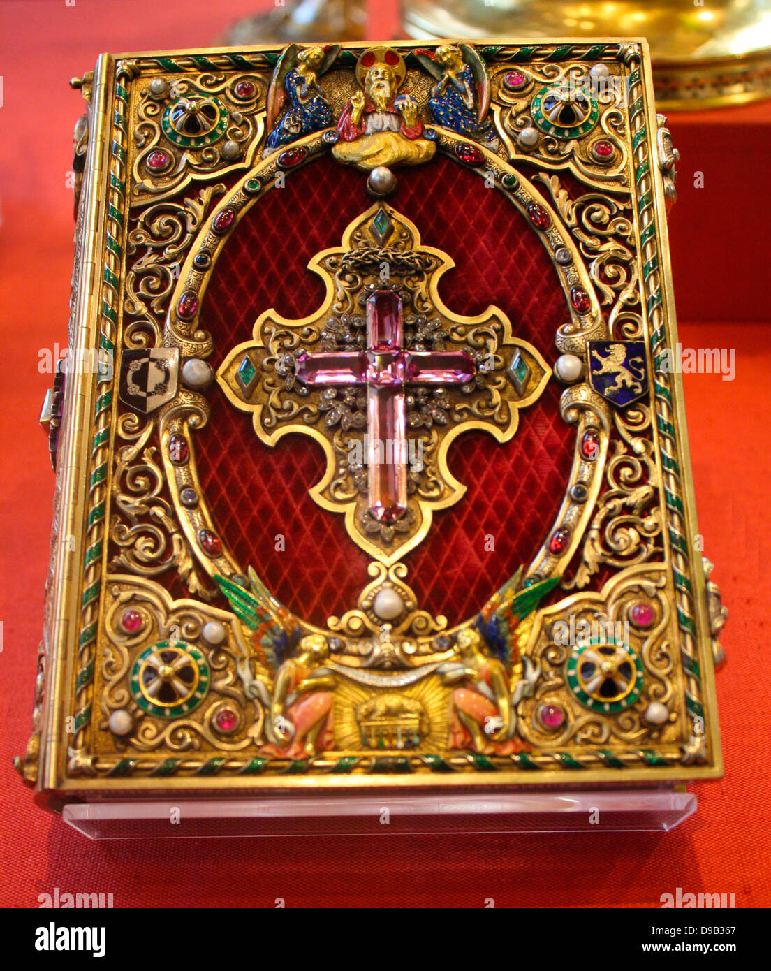 Book of Hours, Silver-gilt, gold, velvet, enamel, rubies, sapphires, emeralds, diamonds and pearls.  Paris, 1828-1842.  The book of hours is a fully illuminated manuscript on vellum, imitating late medieval examples.  It was made in Paris for Louis Jules Gallois, Comte de Naives. Stock Photo
