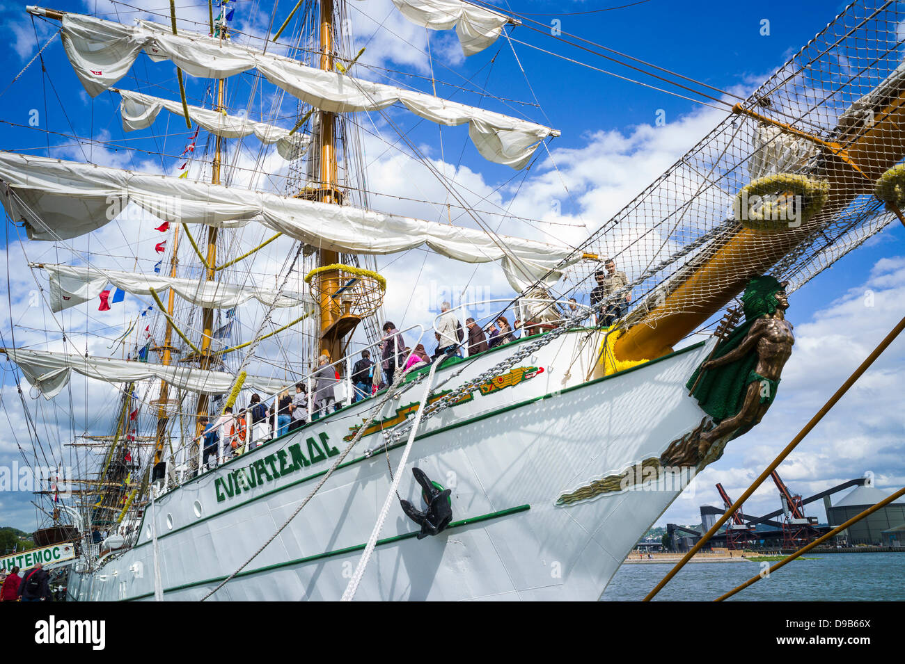 Rouen, France. 15th June 2013. Mexican Naval training ship, Cuauhtemoc at the Rouen Armada. Vivid blue sky with clouds. Horizontal format. Dramatic view of mast and sails. Stock Photo