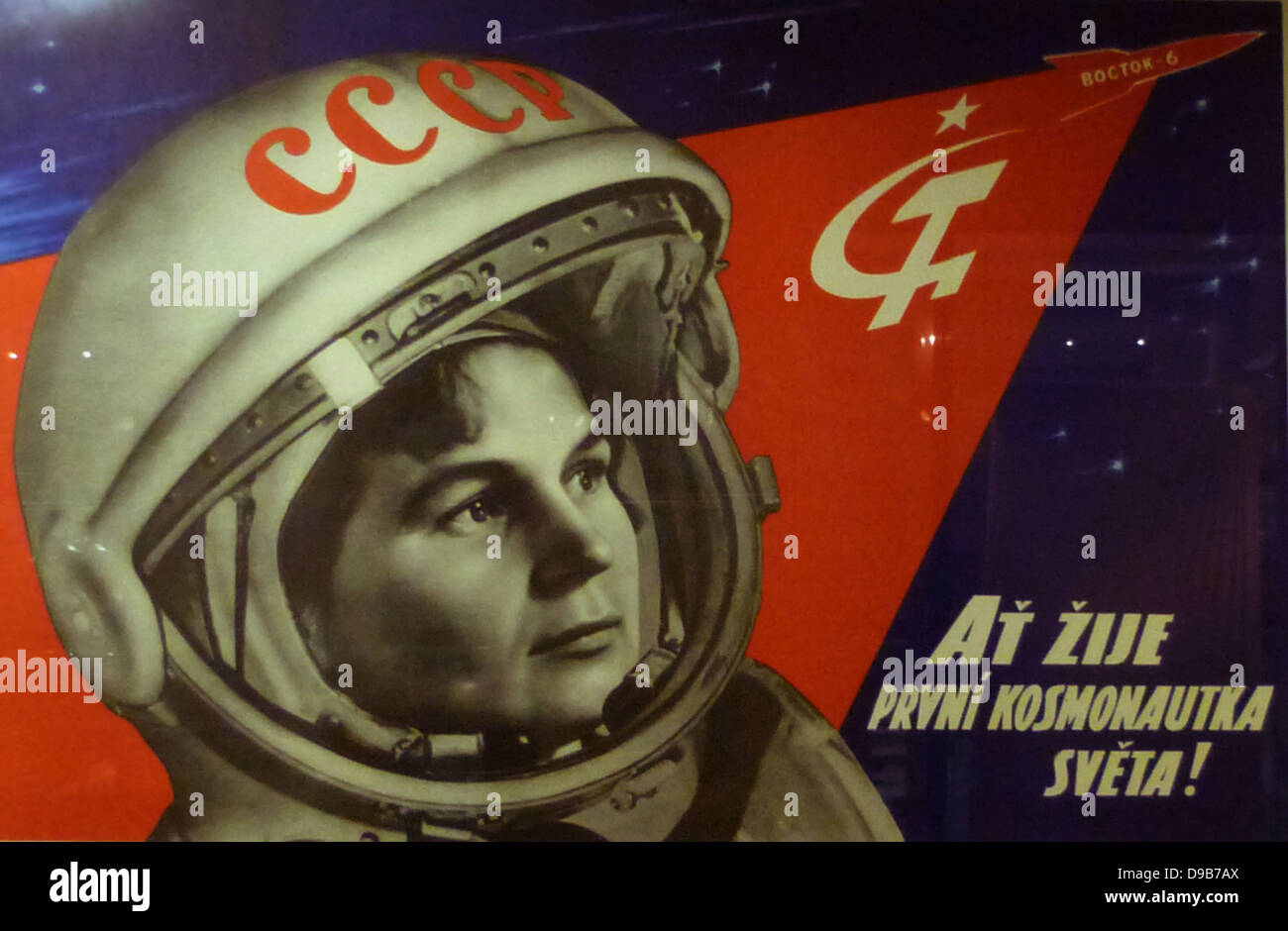 Soviets in Space poster, 1963.  'Long live the world's first female cosmonaut', a Soviet poster (in Czech) celebrating Valentina Tereshkova who orbited the Earth in Vostok 6, in June 1963.   It was 19 years before another female cosmonaut took to the skies. Stock Photo