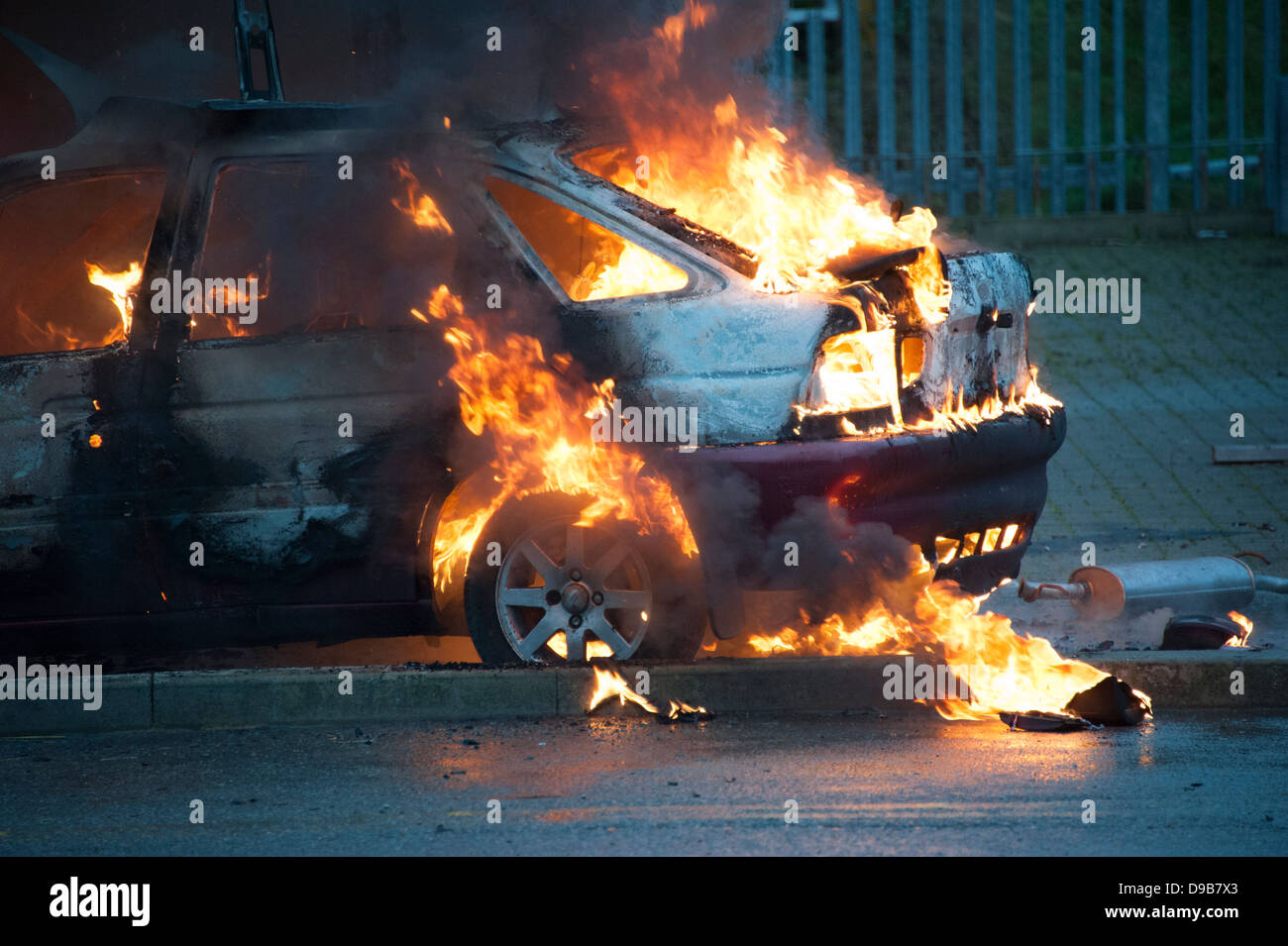 Car on fire Stolen Criminal Damage Stock Photo
