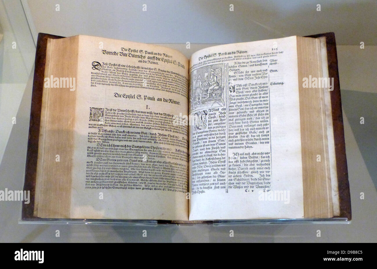 Martin Luther's translation of the new testament, first published 1522.  In the catholic church, priests interpreted the Bible on behalf of the congregation.  Luther dismissed the importance of priests, arguing that the divine text was straightforward enough for everyone to read and understand. Stock Photo