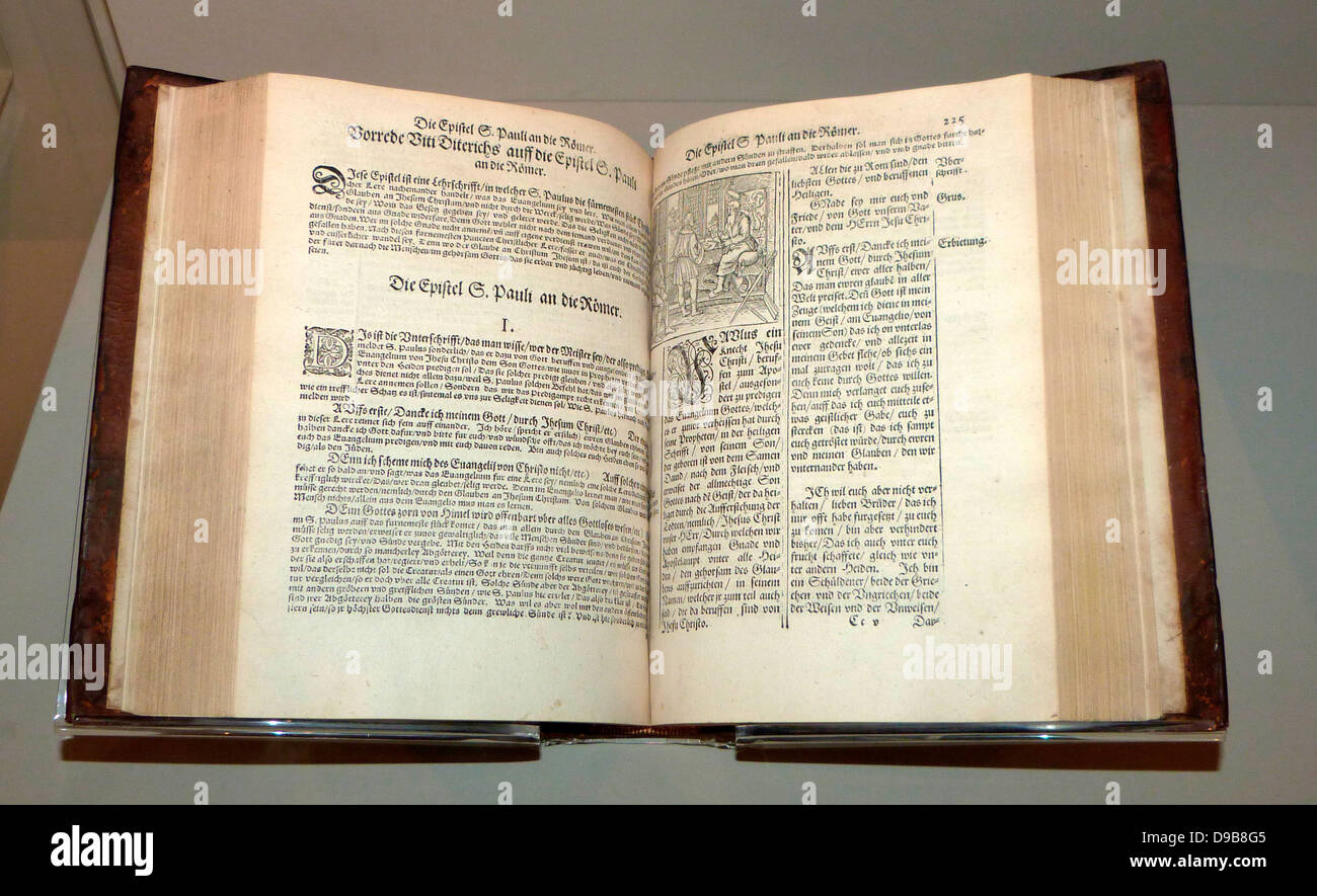 Martin Luther's translation of the new testament, first published 1522.  In the catholic church, priests interpreted the Bible on behalf of the congregation.  Luther dismissed the importance of priests, arguing that the divine text was straightforward enough for everyone to read and understand. Stock Photo