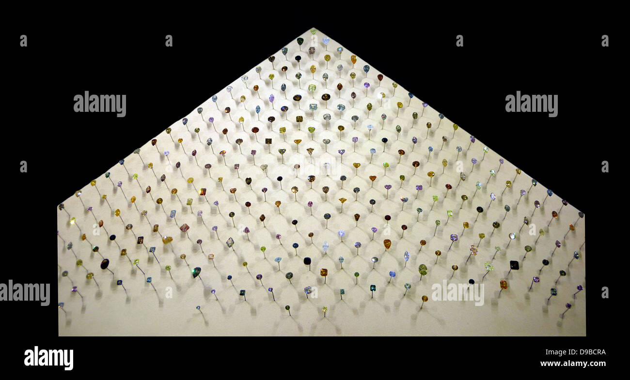 Aurora Pyramid of Hope.  This stunning array of 296 naturally coloured diamonds has taken more than 25 years to collect.  It shows the full range of colours in which diamonds can be found.  Under ultraviolet light you can see another, hidden quality.  The Stock Photo