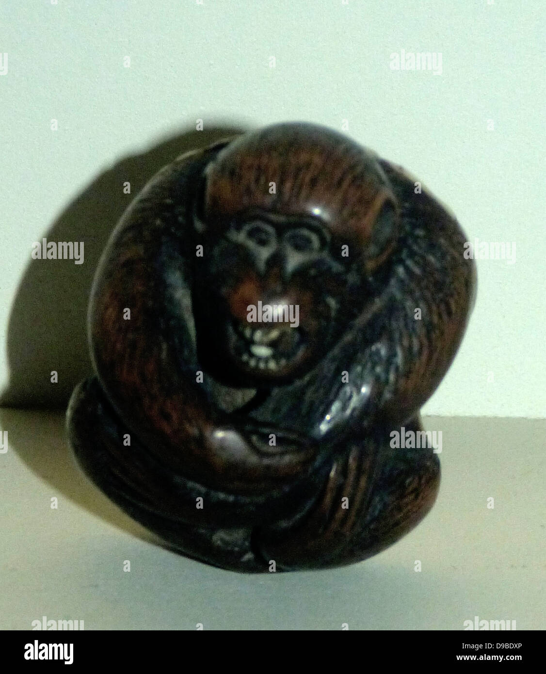 Monkey, signed Koku(sai) (a highly original and inventive carver) and Miwa (maker). Carved wood and ivory. Japan. Stock Photo
