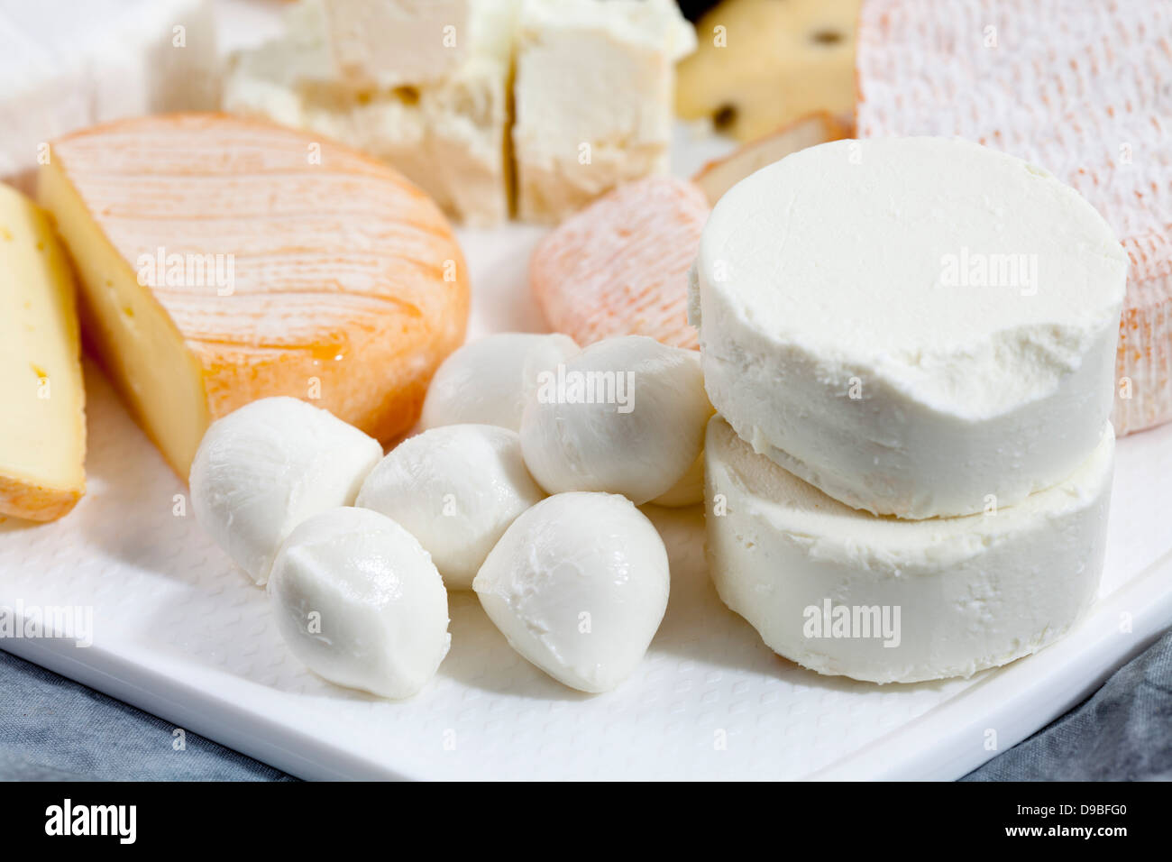 Mozzarella, goat cheese, feta and limburger cheese on chopping board