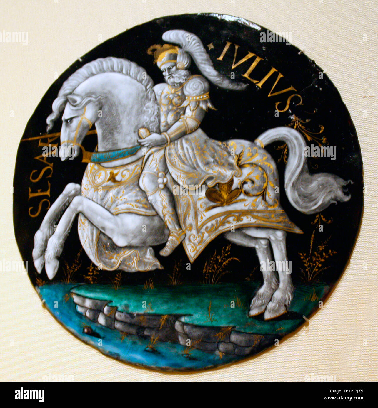 Medallion: Julius Caesar.  Enamel, partly gilded, on copper.  Attributed to the workshop of Colin Nouailher (act. 1539 d. after 1571) Limoges, about 1541 or later. Stock Photo