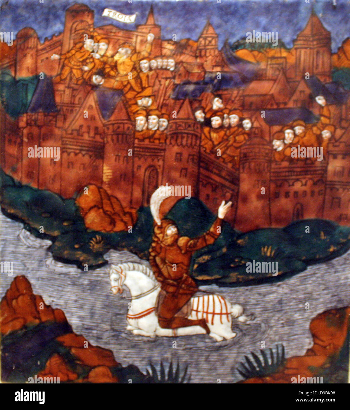 Plaque: Turnus, overwhelmed by the Trojans, Crosses the river to return to his companions. Aeneid, Book IX, Limoges, about 1533-35. Stock Photo