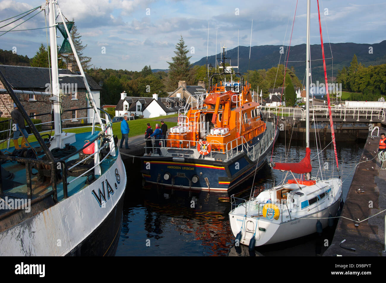 Boats in Sluice, Fort Augustus, Caledonian Canal, Highland, Scotland, Great Britain, Europe , Schiffe in Schleuse, Fort Augustus Stock Photo