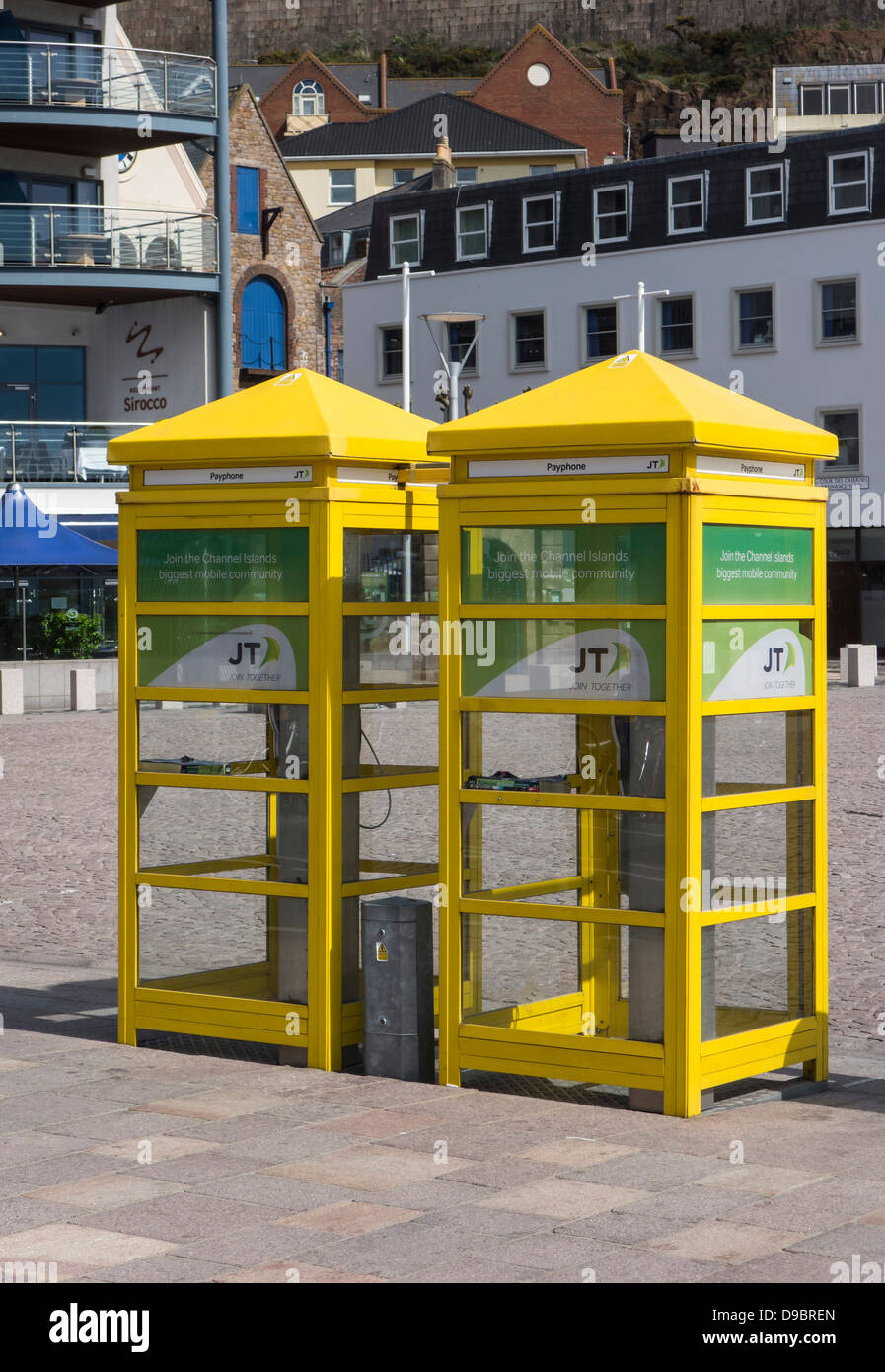 Jersey, St Helier, Two Yellow telephone kiosks, Channel Islands Stock Photo