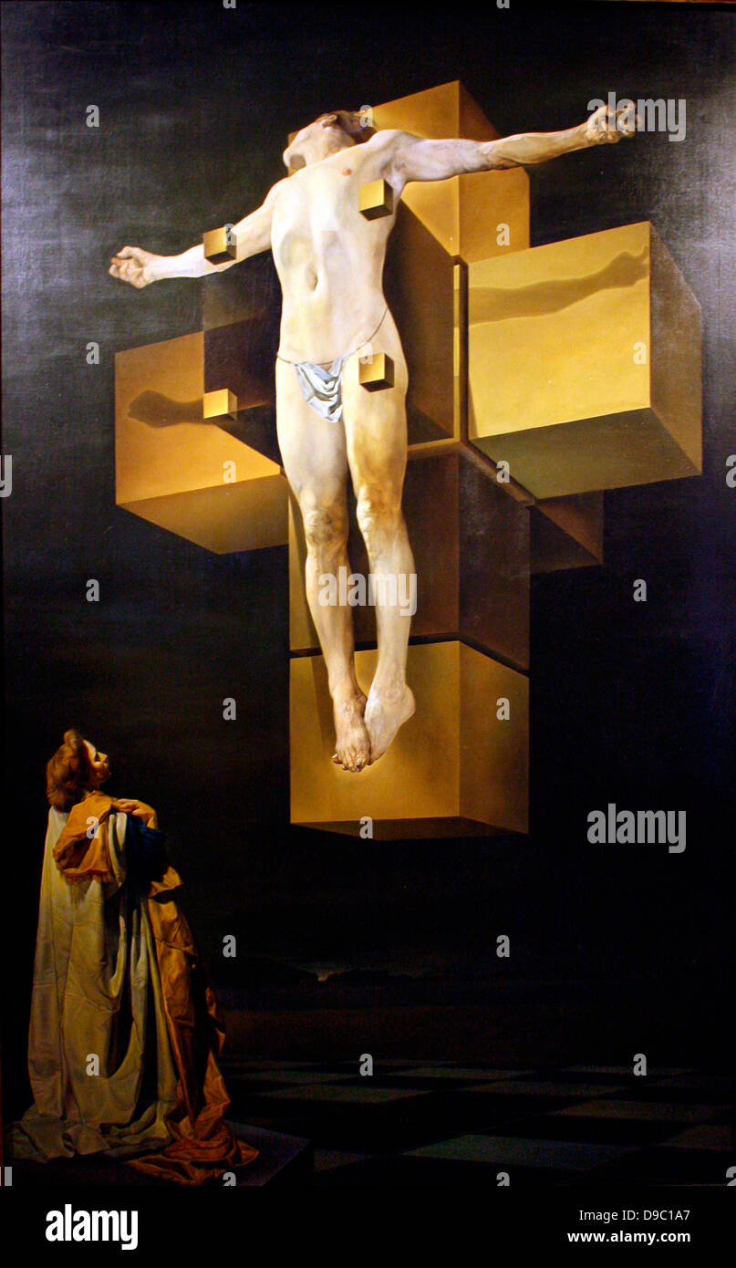 Salvador Dali.  Spanish, 1904-1989.  Crucifixion (Corpus Hypercubus), 1954.  Oil on canvas.  Dali fused his interests in Catholicism, mathematics and science to create this new interpretation of an oft-depicted subject. Levitating before a hypercube - a geometric, multi-dimentional form - Christ has an almost athletic physique that bears no signs of torture. The artists wife, Gala, poses as a devotional figure, witnessing Christ's spiritual triumph over corporeal harm. Stock Photo