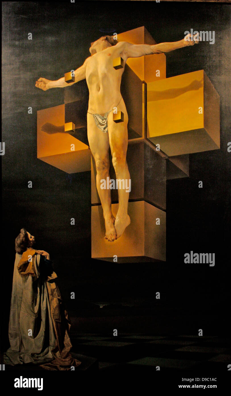 Salvador Dali.  Spanish, 1904-1989.  Crucifixion (Corpus Hypercubus), 1954.  Oil on canvas.  Dali fused his interests in Catholicism, mathematics and science to create this new interpretation of an oft-depicted subject. Levitating before a hypercube - a g Stock Photo
