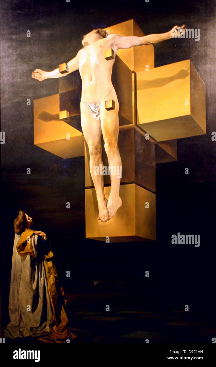 Salvador Dali.  Spanish, 1904-1989.  Crucifixion (Corpus Hypercubus), 1954.  Oil on canvas.  Dali fused his interests in Catholicism, mathematics and science to create this new interpretation of an oft-depicted subject. Levitating before a hypercube - a g Stock Photo