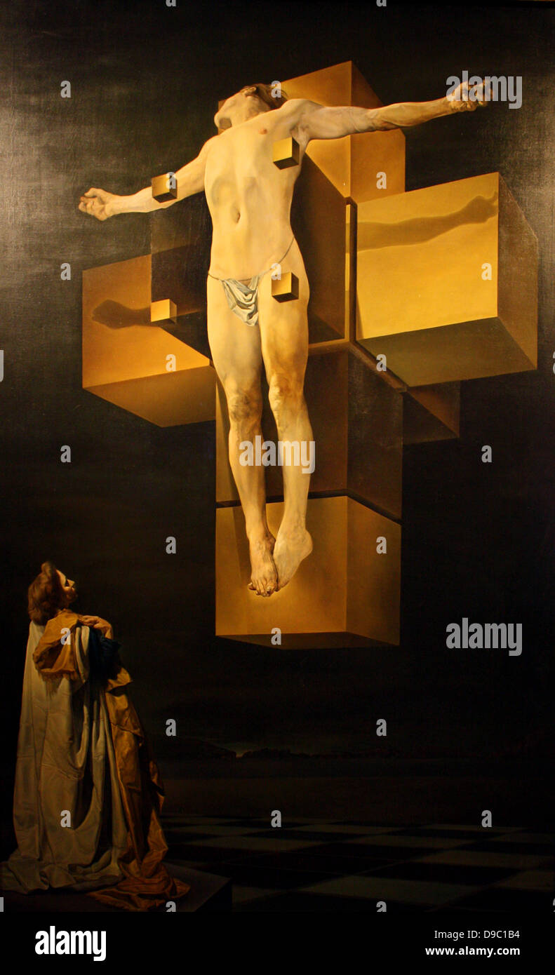 Salvador Dali. Spanish, 1904-1989, Crucifixion (Corpus Hypercubus), 1954.Oil on canvas.  Dali fused his interests in Catholicism, mathematics and science to create this new interpretation of an oft-depicted subject. Levitating before a hypercube - a g Stock Photo