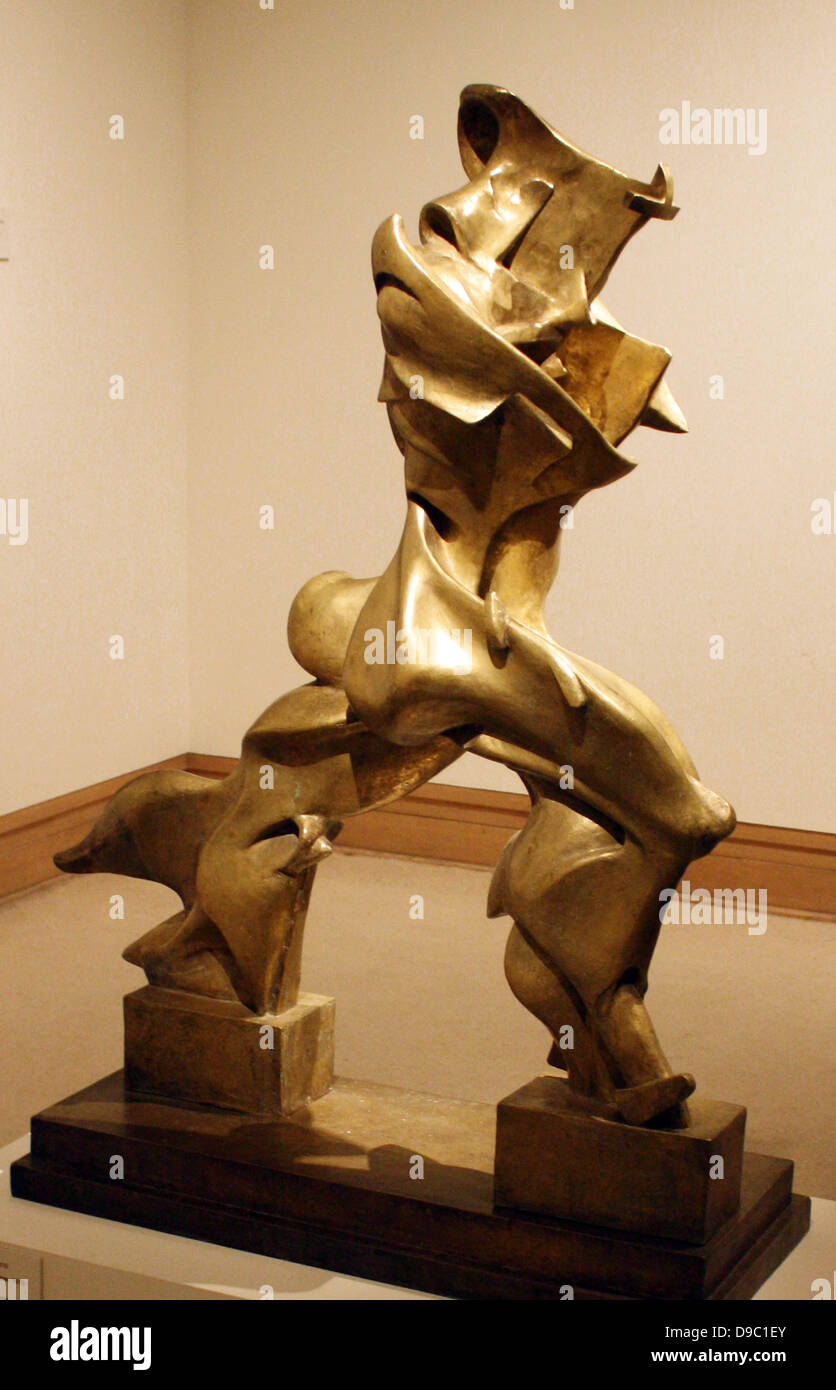 'Unique Forms of Continuity in Space'bronze Futurist sculpture by Umberto Boccioni.Umberto Boccioni (19 October 1882 – 17 August 1916)Italian painter and sculptor.his work centered on the portrayal of movement (dynamism), speed, and technology. It is seen as an expression of movement and fluidity. Stock Photo