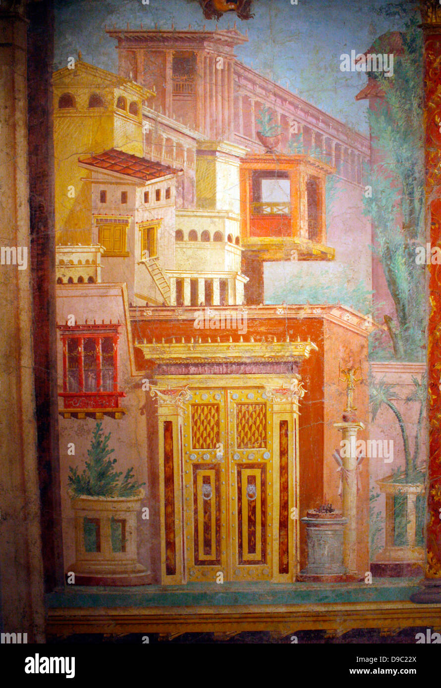 Wall Paintings from a Cubiculum Nocturnum (bedroom).  Roman, Late Republican, ca 50-40 BC. The wall paintings in this cubiculum, executed in the fresco technique, are among the most complete and important to have survived from antiquity. Stock Photo