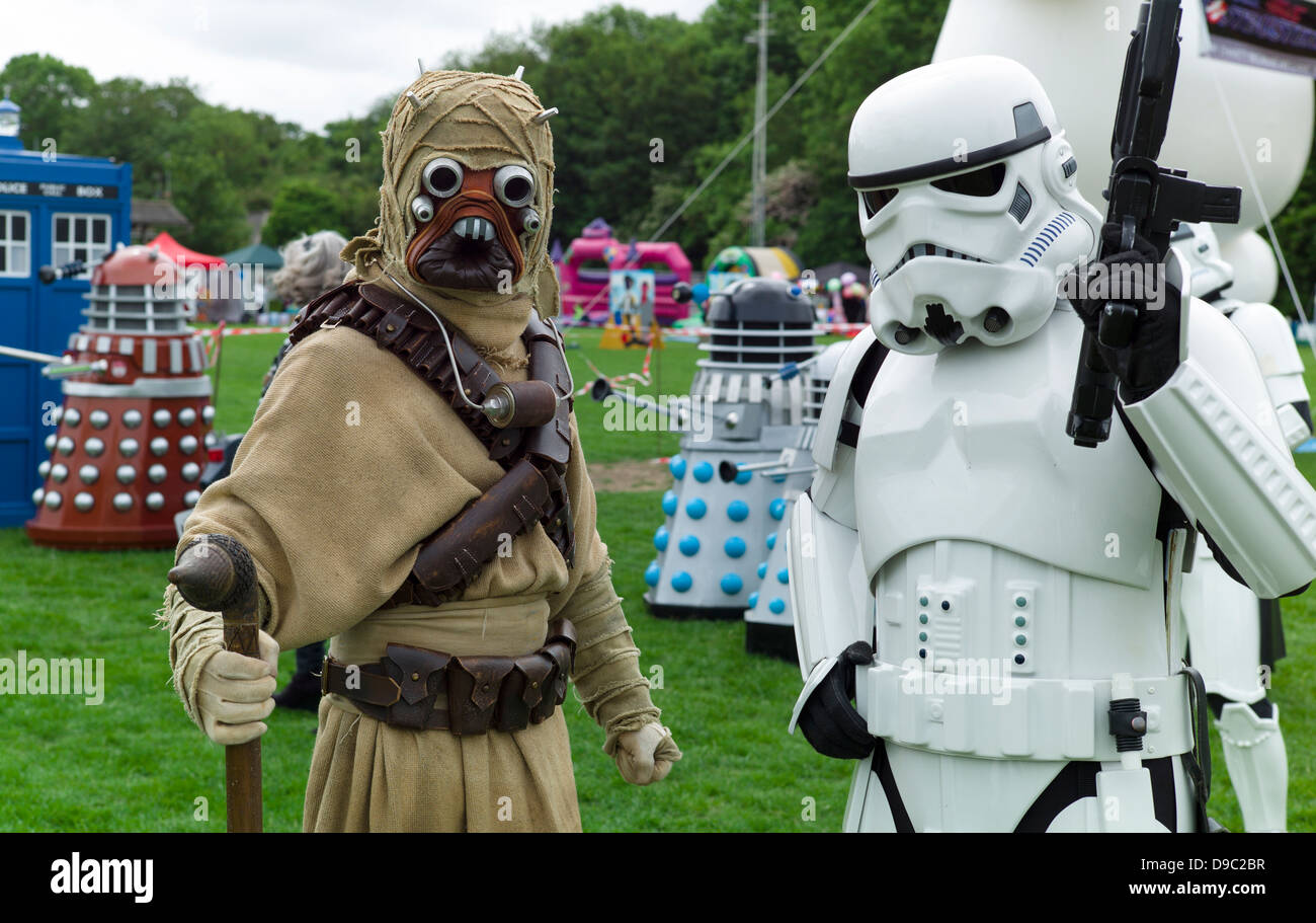 A Tusken Raider poses with a Storm Trooper both from Star Wars at the Herne Bay Si-Fi by the sea event Stock Photo