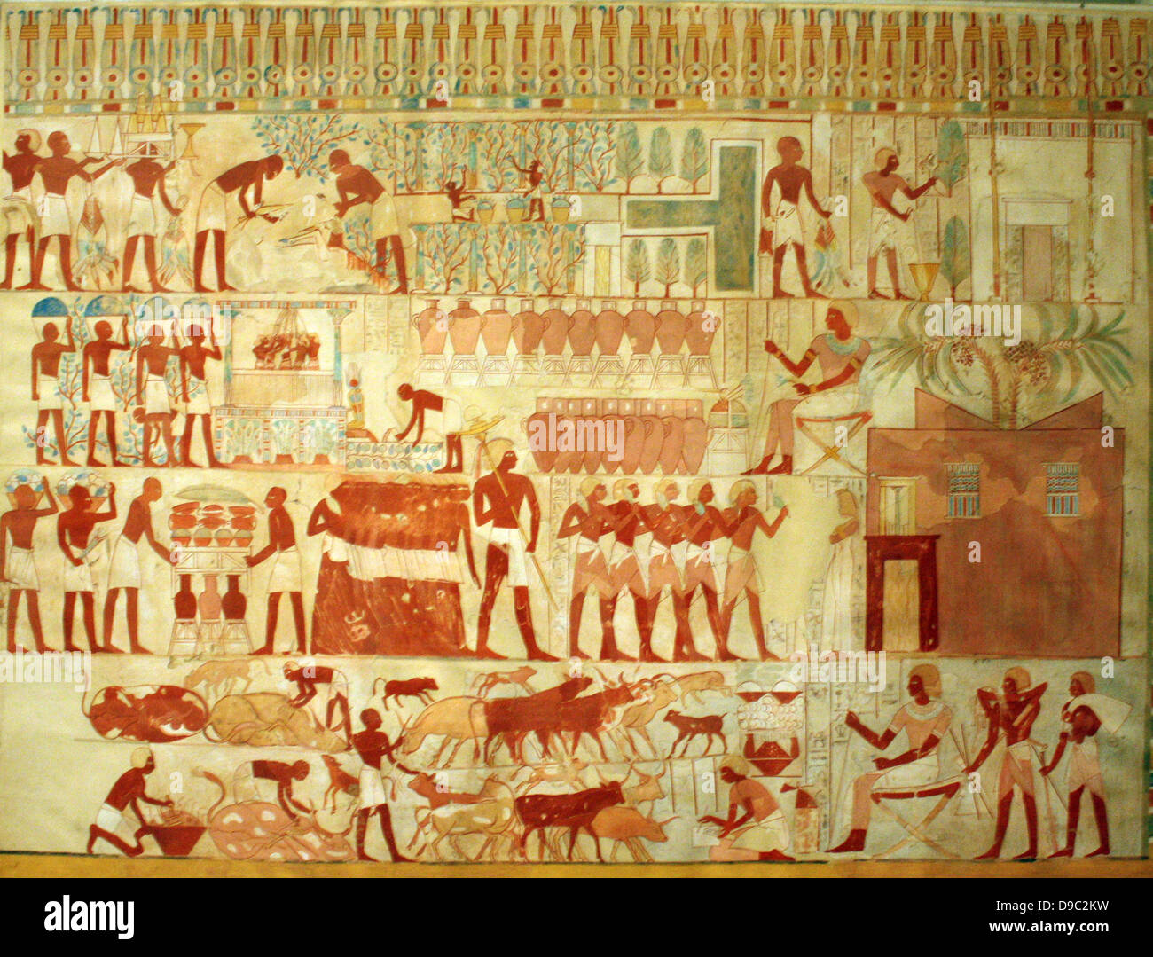 Egyptian wall paintings from The New Kingdom, facsimies of ancient Egyptian wall decoration.  They are accurate copies of original scenes, exact in line and colour and, with a few exceptions, at a scale of 1:1 Stock Photo