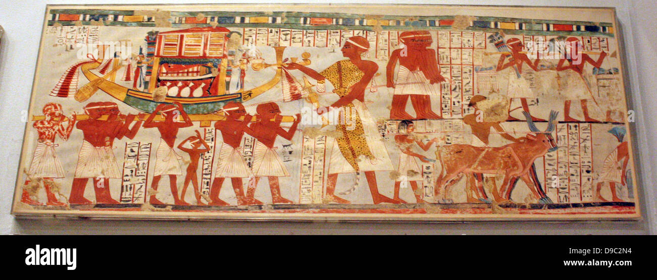 Egyptian wall paintings from The New Kingdom, facsimies of ancient Egyptian wall decoration.  They are accurate copies of original scenes, exact in line and colour and, with a few exceptions, at a scale of 1:1. Stock Photo