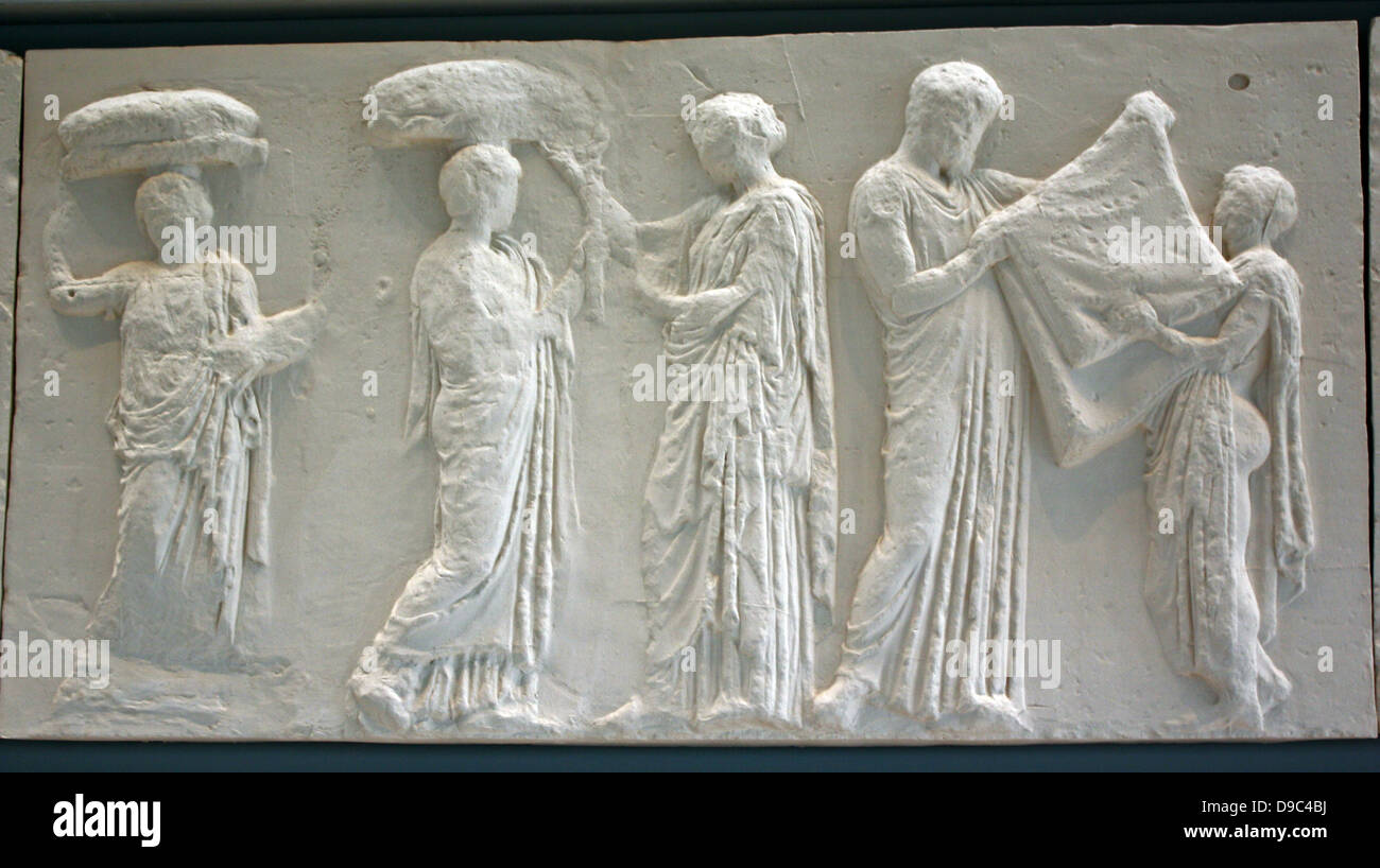 A young winged goddess, Iris or Hebe, messenger of the diving couple Zeus and Hera, stands next to Hera turning toward the procession, while she arranges her wind blown hair with her left hand. Hera turning towards Zeus holds the edges of her himation, which covers her head in the gesture of a bride revealing herself to her husband. Stock Photo