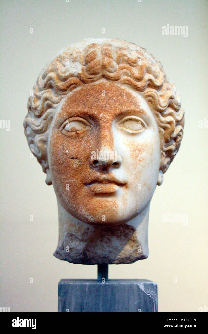 Marble Head of Hera.  Found in the Argive Heraion.  It belongs to the cult statue of the goddess or to a statue from the West pediment of the temple of Hera.  Argive work, associated with the school of Polykleitos, circa 420 BC. Stock Photo