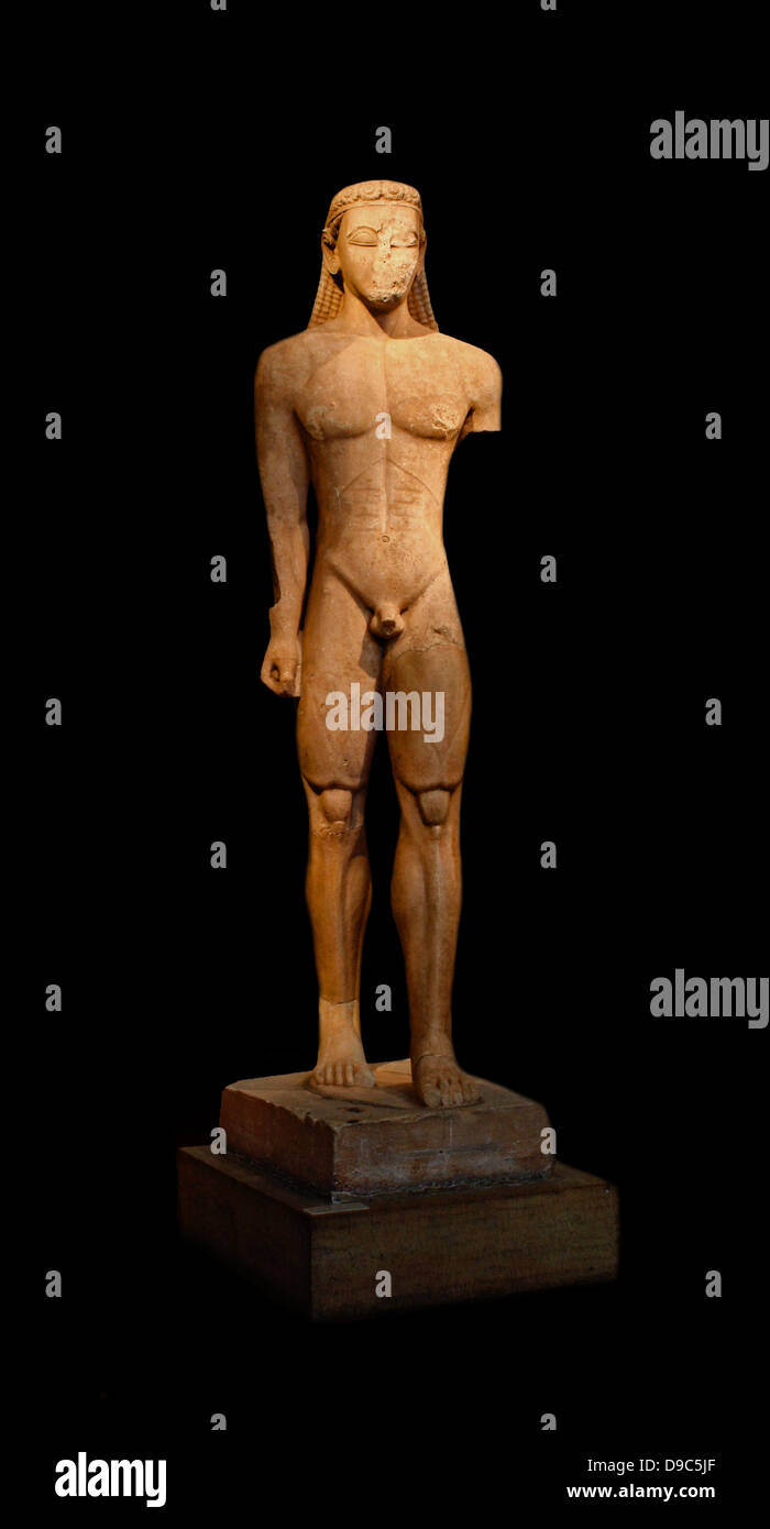 Statue of a kouros.  Naxian marble, found in Sounion.  The statue was a votive offering to Poseidon and stood before his temple.  Its over-life-size scale is striking and testifies to the tendency of early Archaic sculptors to create impressive colossal statues, about 600 BC. Stock Photo