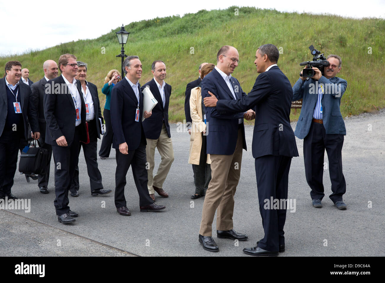 US President Barack Obama greets Italy Prime Minister Enrico Letta at the G8 Summit June 17, 2013 in Lough Erne, Northern Ireland. Stock Photo